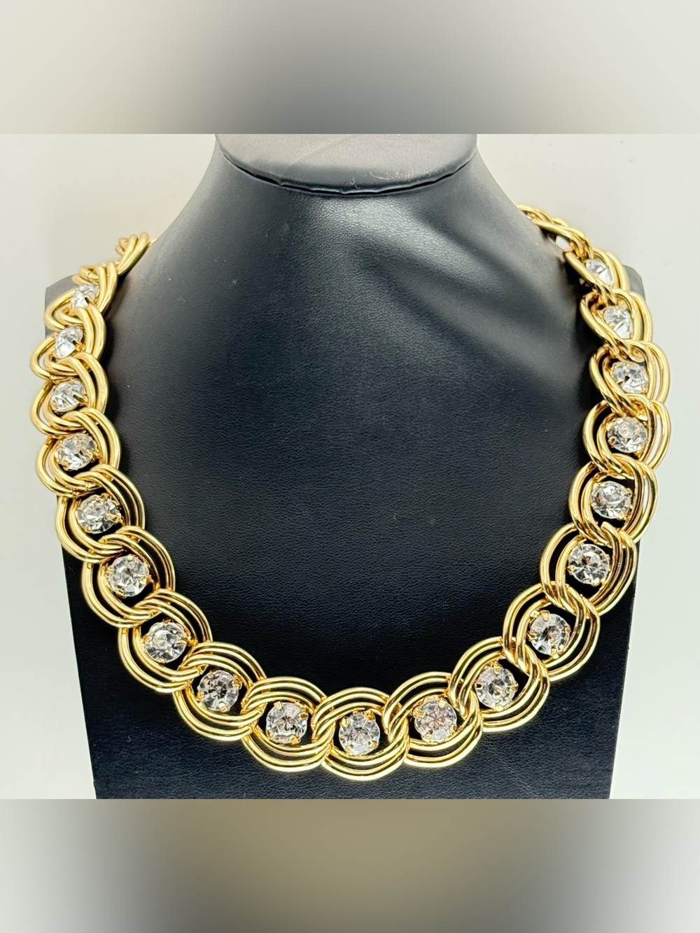 Vintage Heavy Gold Tone Curb Chain Modernist Collar Necklace Clear Diamanté 18"